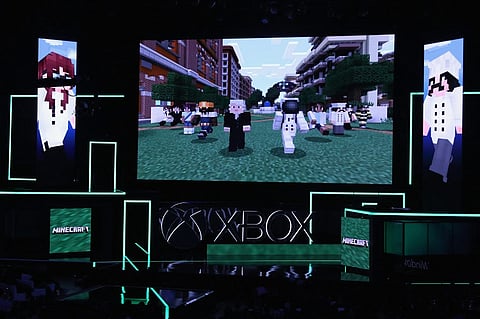 Game footage of 'Minecraft' on the XBox One X  displayed during the Microsoft XBox E3 briefing on 11 June 2017 in Los Angeles, California. (Photo by Christian Petersen / GETTY IMAGES NORTH AMERICA / Getty Images via AFP)
