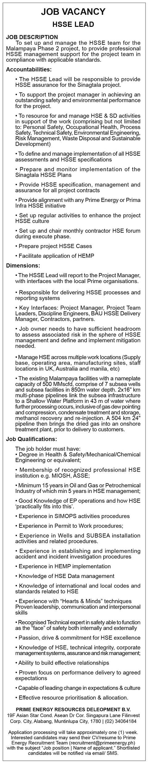 PRIME ENERGY HSSE LEAD