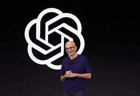 SAN FRANCISCO, CALIFORNIA - NOVEMBER 06: Microsoft CEO Satya Nadella speaks during the OpenAI DevDay event on November 06, 2023 in San Francisco, California. OpenAI CEO Sam Altman delivered the keynote address at the first-ever Open AI DevDay conference.  