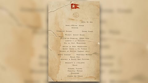 This image obtained April 12, 2012 courtesy of Bonhams shows a dinner menu from on board the Titanic on April 12, 1912  for a 1st class dinner menu with the White Star Line burgee, and the Ocean Steam Navigation Company logo, and listing the offering for dinner on the first night at sea, (6 x 4 in.) (15.2 x 10.2 cm.).   A menu from aboard Titanic, newspapers from the time of the maritime disaster, and other relics related to history's most famous sunken ship are to go on sale Saturday in New York. Set to coincide with the 100th anniversary of Titanic's loss in the north Atlantic, killing more than 1,500 people, the auction at Bonhams also features an original ticket to watch the launching in Belfast, Northern Ireland, of what had been billed as an unsinkable ship. (Photo by HO / BONHAMS / AFP)
