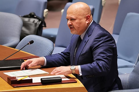 Prosecutor of the International Criminal Court Karim Khan speaks during a UN Security Council meeting at the United Nations headquarters. Photo by Michael M. Santiago / GETTY IMAGES NORTH AMERICA / Getty Images via AFP