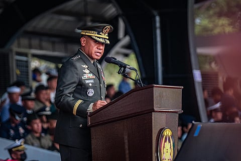 President Ferdinand Romualdez Marcos Jr.  leads the 88th anniversary celebration of the Armed Forces of the Philippines (AFP) at Lapu Lapu Grandstand, Camp Aguinaldo in Quezon City on Thursday, 21 December 2023. Joining the President on stage are AFP Chief Romeo Brawner Jr., House Speaker Martin Romualdez and former president Gloria Macapagal- Arroyo. | Photo by Yummie Dingding.