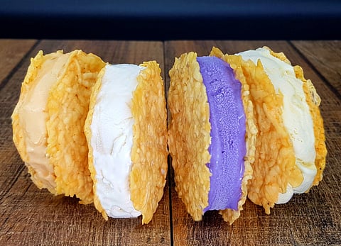 Queso de Bola Crispwiches, 
from left-Peach Mango Pie, Gatas, Ube and Mantecado.(Photograph  courtesy of sebastian’s ice cream)
