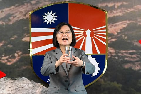 FILE PHOTO: Taiwan President Tsai Ing-wen toasts to the relatives of fallen soldiers during a lunch at a military base to mark the 65th anniversary of the Second Taiwan Strait Crisis in Kinmen on 23 August 2023. (Photo by Sam Yeh / AFP)