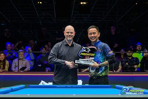 LEE Vann Corteza outplays fellow Filipino Carlo Biado to rule the 2024 Las Vegas Open men’s 10-ball tournament. | PHOTOGRAPH COURTESY OF Predator Pro Billard Series