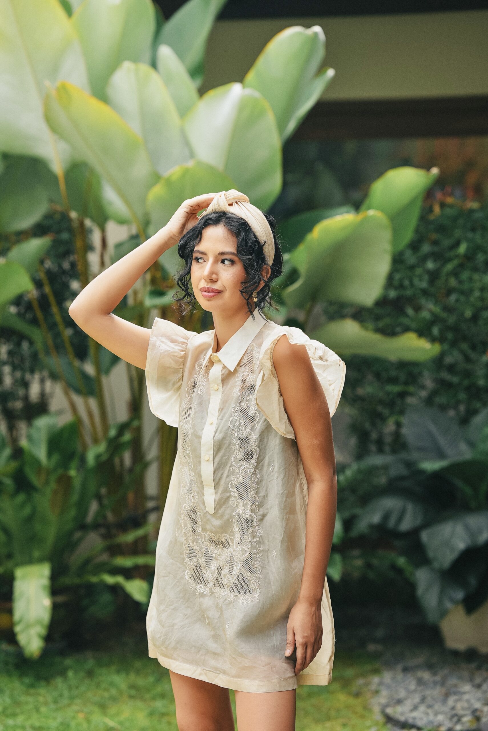 Ruffled dress and Style Cat abaca headband. 