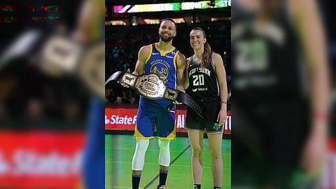 STEPHEN Curry of the Golden State Warriors and Sabrina Ionescu of the New York Liberty share the limelight  in the 3-Point Challenge during the NBA All-Star Weekend in Indianapolis. | JESSE D. GARRABRANT/AGENCE FRANCE-PRESSE