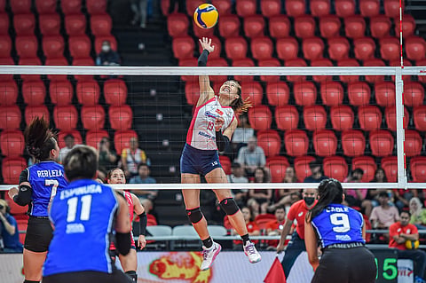 BERNADETH Pons of Creamline attacks a hapless Strong Group Athletics defense during their PVL All-Filipino Conference game yesterday at the Philsports Arena. The Cool Smashers prevailed, 25-13, 25-13, 25-19. | PHOTOGRAPH COURTESY OF PVL