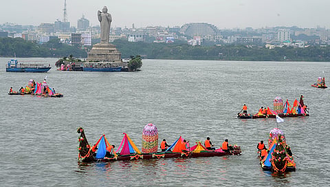 Bathukamma on boat in Hussain Sagar Lake