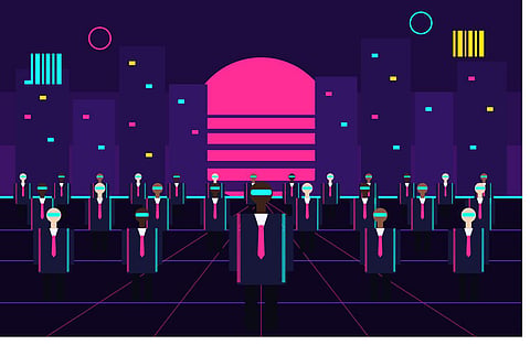 Flat neon illustration of rows of identical figures in suits facing forward against a purple city skyline