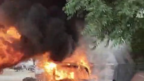 Vehicles burnt near the YSRCP office in Rayachoti amid TDP-YSRCP clashes in Andhra Pradesh.