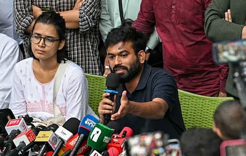AISA president Neha Bora (left) and CJP founder Abhijeet Dipke during a press conference in Delhi amid protests over the demand for Chief Election Commissioner Gyanesh Kumar’s resignation.