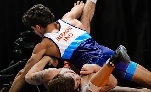 Jaskaran Singh in action at the U23 World Wrestling Championships in Las Vegas.