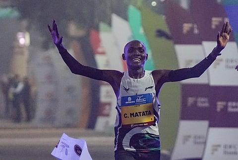 Kenya's Charles Matata wins the men's elite race during the Vedanta Delhi Half Marathon, in New Delhi, Sunday, Oct. 18, 2026. 