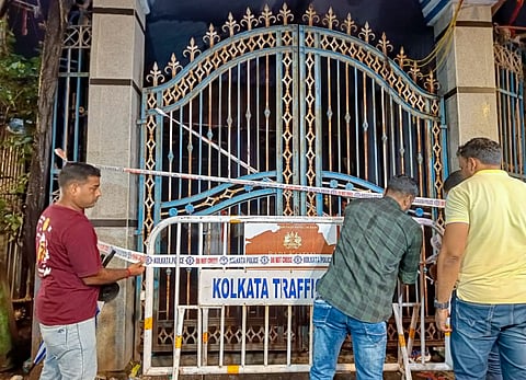 Authorities seal the Chorbagan Durga Puja pandal in Kolkata following the stampede that killed 19 people.