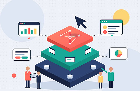 Flat illustration of a three-layer software stack, with data at the base, apps in the middle and an AI agent layer on top, as a large cursor reaches down to the top layer and business people work around it