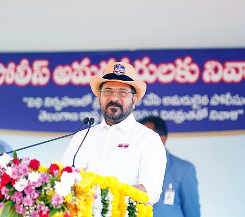 Telangana Chief Minister A. Revanth Reddy speaking at the Police Commemoration Day event at Goshamahal Stadium, Hyderabad, on Wednesday.