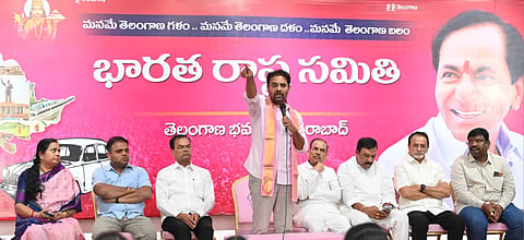 BRS working president K. T. Rama Rao speaking at a meeting with party leaders on Friday.  