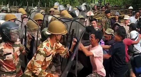 Police and protesters during an earlier anti-dam agitation in Arunachal Pradesh.