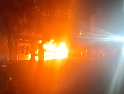 A vehicle set on fire during the Siang bandh protest in Arunachal Pradesh.