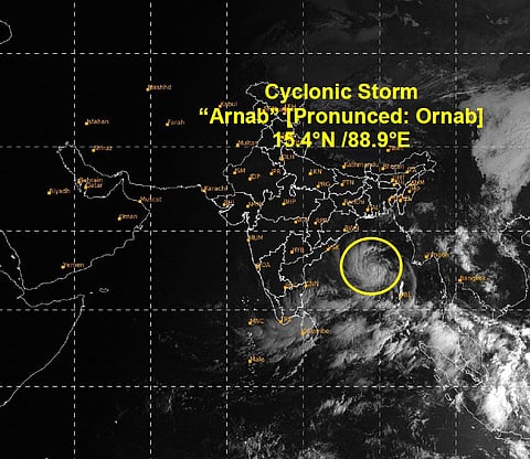 Stallite images of Cyclone Arnab which formed over the Bay of Bengal. It is expected to cross Andhra Pradesh on October 28.