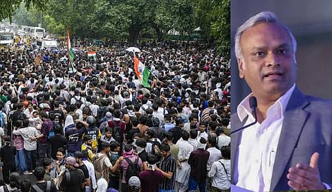 Protest in Bengaluru (left) and Karnataka Home Minister Priyank Kharge (right)