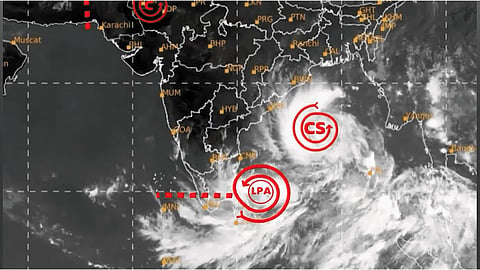 Satellite/weather map graphic showing Cyclone Arnab's track over the Indian east coast