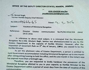 J&K ex-Ministers get eviction notice