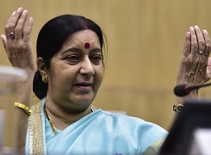 Swaraj in Myanmar; to hold talks with Suu Kyi