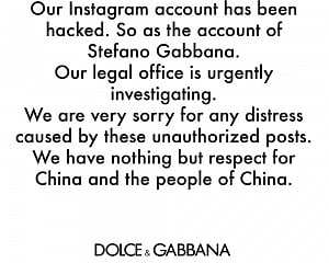 Dolce & Gabbana accused of insulting China; blames hackers