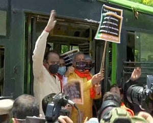 Delhi BJP chief, party MLAs detained during protest against AAP govt