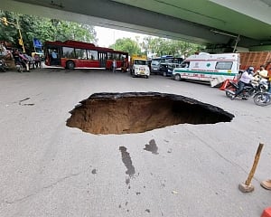 Delhi: Portion of road under IIT flyover caves in, traffic affected