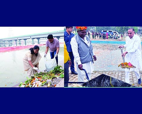 CM, BJP leaders lead clean-up drive on Yamuna ghats after Chhath Puja