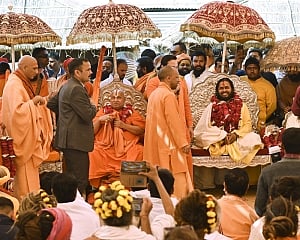 At Kumbh, Adityanath praises saints for acting responsibly post-stampede; hits out at Sanatan Dharma opponents