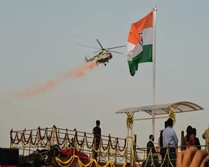Flower petals showered from IAF's choppers at Kartavya Path on Republic Day