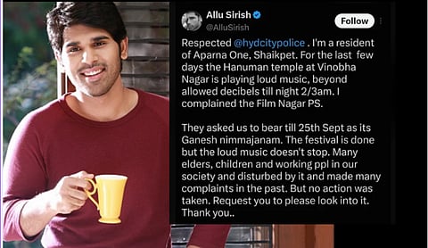 Actor Allu Sirish and a screenshot of his post about late-night music at a Hanuman temple in Hyderabad.