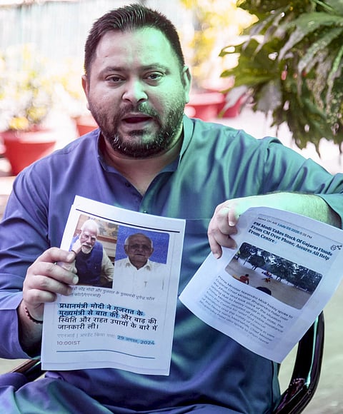 RJD leader Tejashwi Yadav addresses a press conference at his residence in Patna, Bihar, Sunday, September 13, 2026. (PTI Photo)