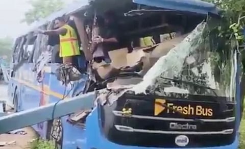 A private bus involved in a collision with an auto-rickshaw in Palnadu district. Photo source: X
