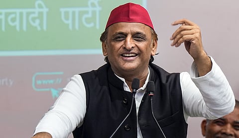 Samajwadi Party President Akhilesh Yadav addresses a press conference, at party office, in Lucknow, Monday, Sept. 21, 2026. (PTI Photo/Nand Kumar)