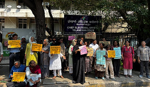 Protesters demonstrate outside the Election Commission office at BRKR Bhavan in Hyderabad on Monday, demanding the scrapping of the Special Intensive Revision (SIR) of electoral rolls. Photo: The Pioneer team.