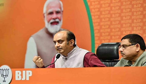 File photo: BJP national spokesperson Sudhanshu Trivedi speaks at a press conference.