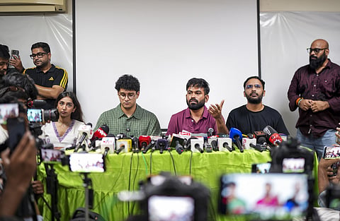 New Delhi: CJP founder Abhijeet Dipke addresses a press conference as co-conveners Saurav Das and Ashutosh Ranka look on, September 24, 2026. (PTI Photo/Karma Bhutia)