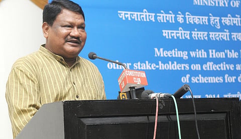 Union Tribal Affairs Minister Jual Oram addresses a meeting on ministry schemes in New Delhi in 2014. File photo. Photo: Ministry of Tribal Affairs/PIB via Wikimedia Commons (GODL-India).
