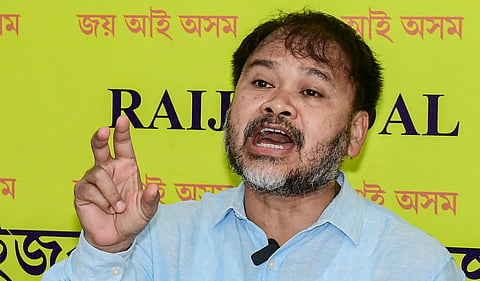 Raijor Dal MLA Akhil Gogoi addresses the media, in Guwahati, Assam, Saturday, May 23, 2026. (PTI Photo)