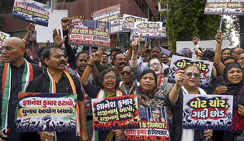 Representational image: Congress supporters raise slogans against Chief Election Commissioner Gyanesh Kumar over alleged irregularities in the Special Intensive Revision of electoral rolls. (PTI Photo)
