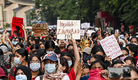 Students of Lady Shri Ram College hold a solidarity march seeking safety measures after the alleged assault at Aastha Kunj Park, New Delhi, on September 23, 2026. (PTI Photo)