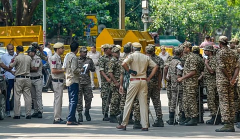 **Caption:**  Security personnel deployed near Jantar Mantar ahead of the CJP's October 10 protest in New Delhi. (Source: PTI)