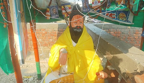 A statue of Sant Ravidas at the site in Ballia district, BALLIA on Monday, October 5. (PTI Photo)