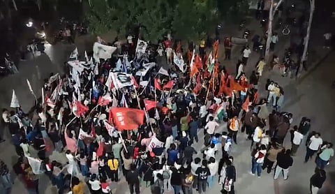 Members of the Left-Ambedkarite-Tribal alliance and the ABVP-Sevalal Vidyarthi Dal alliance stage rival shows of strength on the final day of campaigning for the University of Hyderabad students union polls.