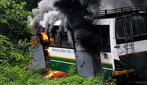 HRTC bus destroyed in fire near Palampur; all passengers escape unharmed